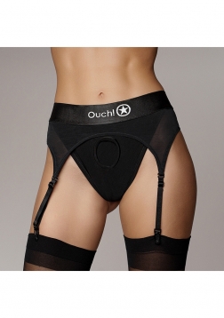 Vibrating Strap-on Thong, Adjustable Garters - Black - XS/S